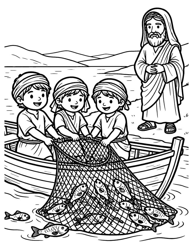 A Net Full of Fish coloring page preview