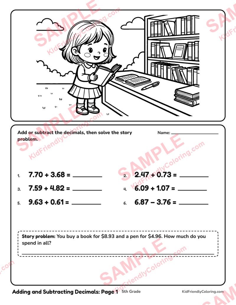 Adding and Subtracting Decimals: Page 1 coloring page preview