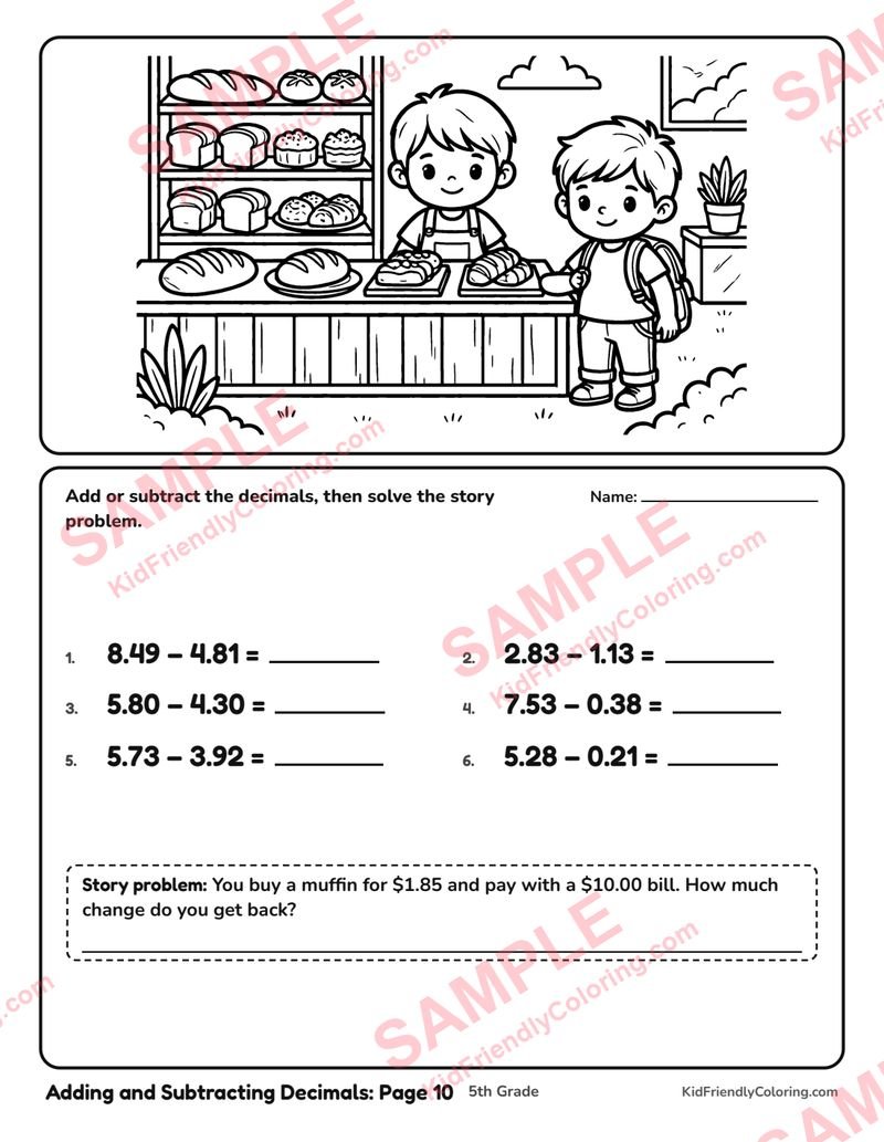 Adding and Subtracting Decimals: Page 10 coloring page preview