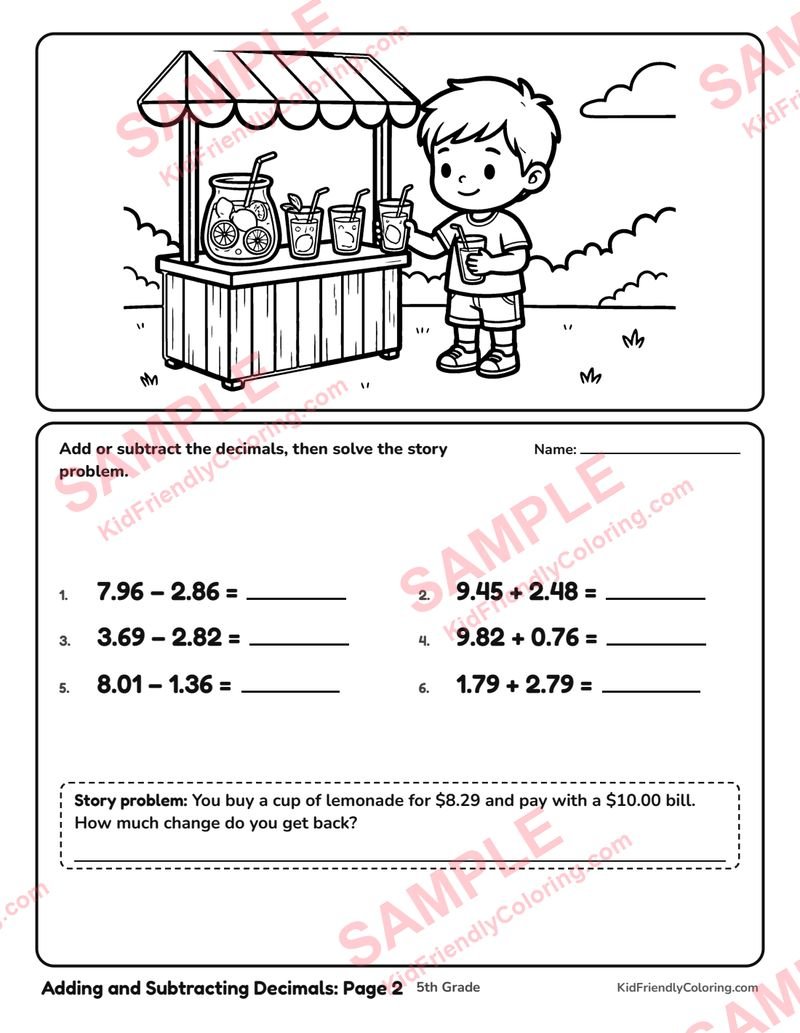 Adding and Subtracting Decimals: Page 2 coloring page preview