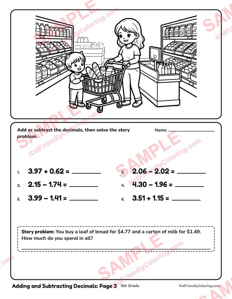 Adding and Subtracting Decimals: Page 3 coloring page preview