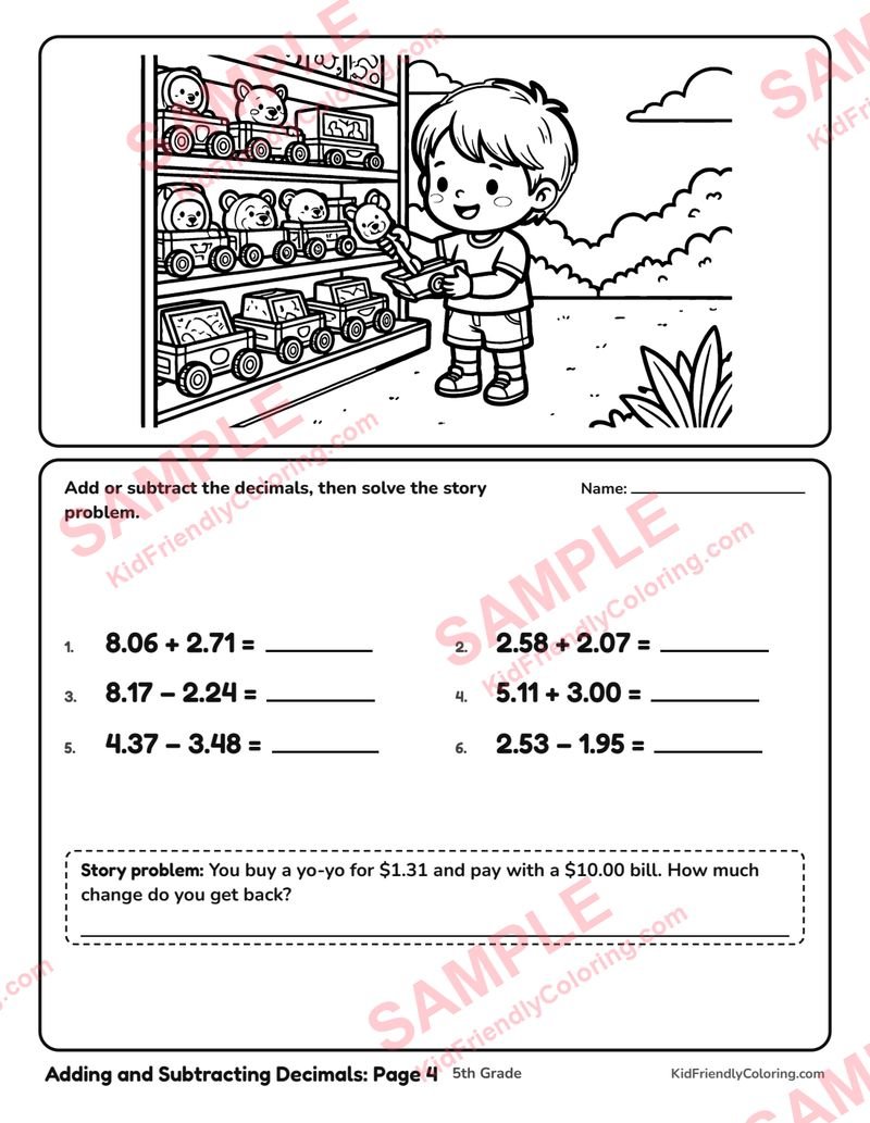 Adding and Subtracting Decimals: Page 4 coloring page preview