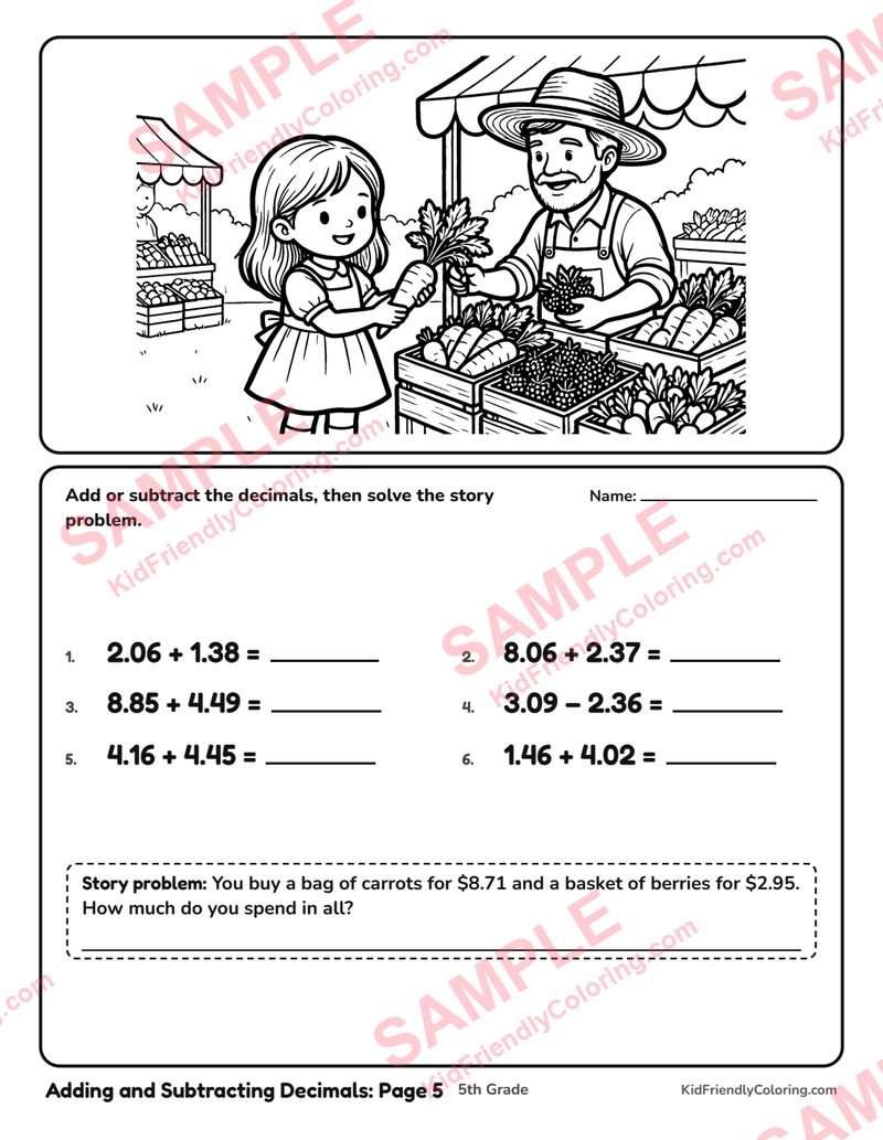 Adding and Subtracting Decimals: Page 5 coloring page preview