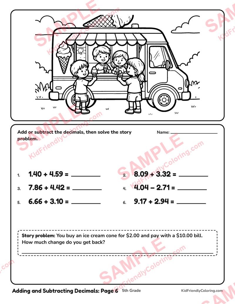 Adding and Subtracting Decimals: Page 6 coloring page preview