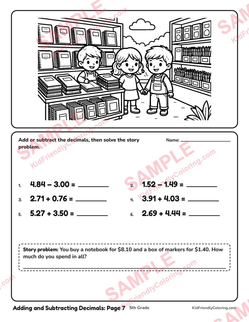 Adding and Subtracting Decimals: Page 7 coloring page preview
