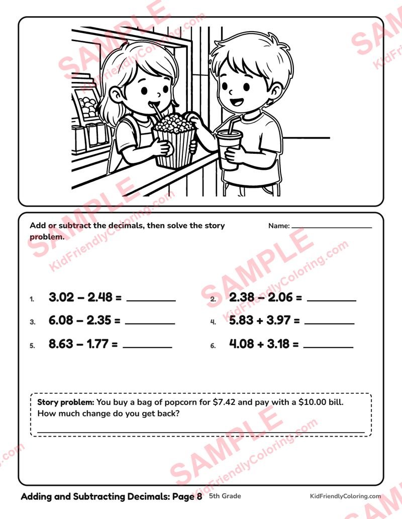 Adding and Subtracting Decimals: Page 8 coloring page preview