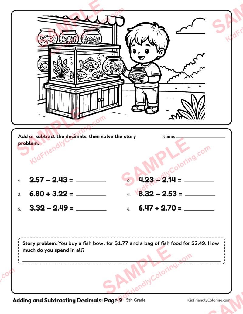 Adding and Subtracting Decimals: Page 9 coloring page preview