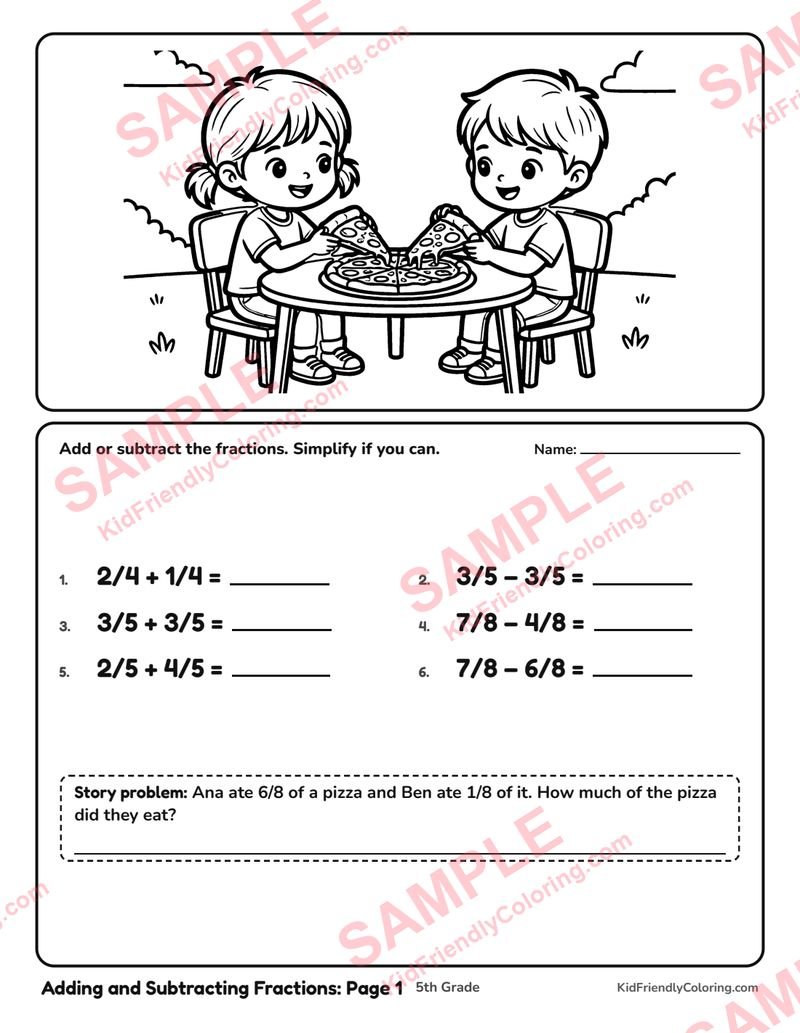 Adding and Subtracting Fractions: Page 1 coloring page preview