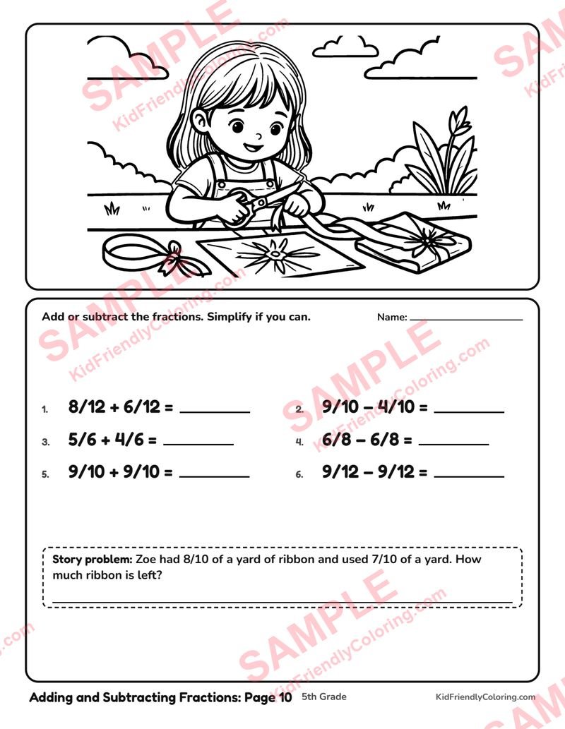 Adding and Subtracting Fractions: Page 10 coloring page preview