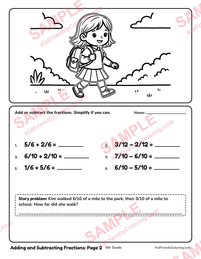 Adding and Subtracting Fractions: Page 2 coloring page preview
