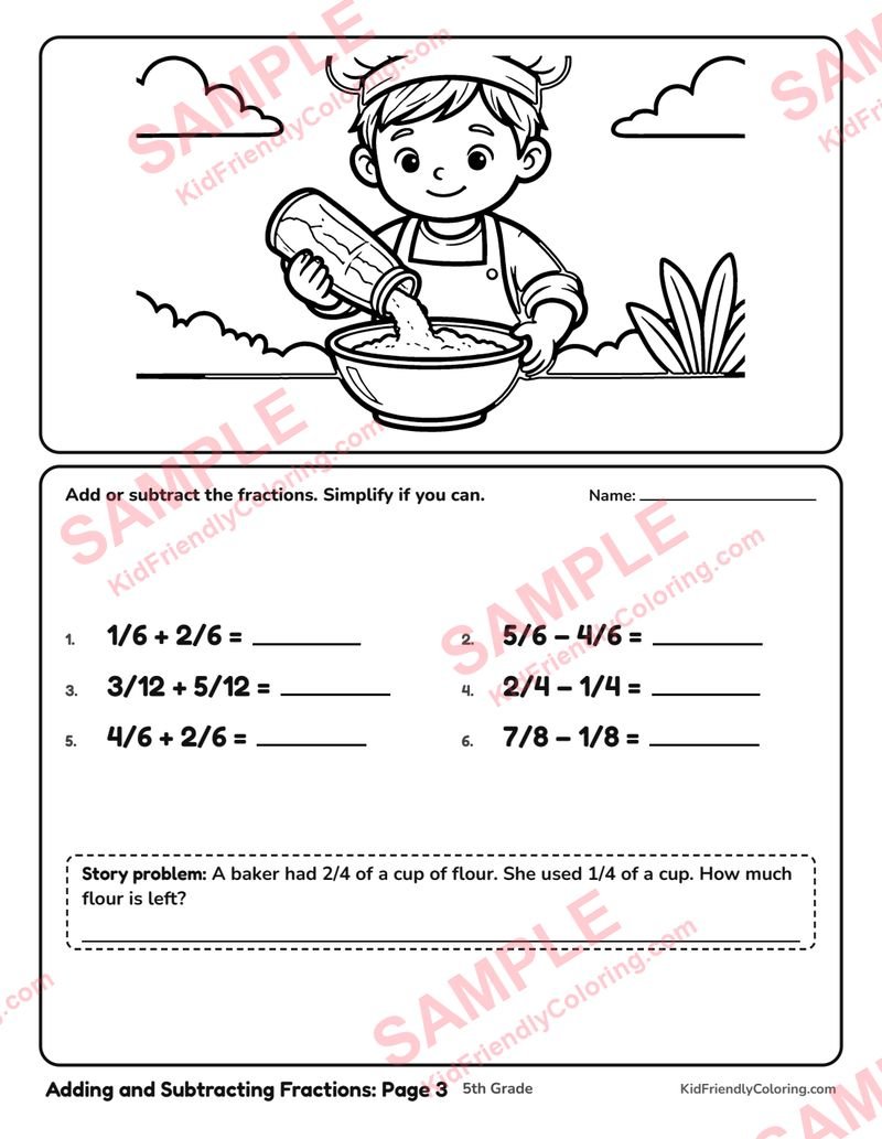 Adding and Subtracting Fractions: Page 3 coloring page preview