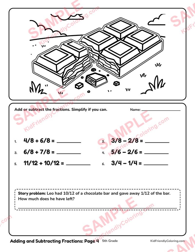 Adding and Subtracting Fractions: Page 4 coloring page preview