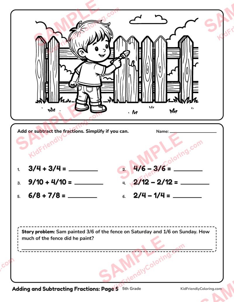 Adding and Subtracting Fractions: Page 5 coloring page preview