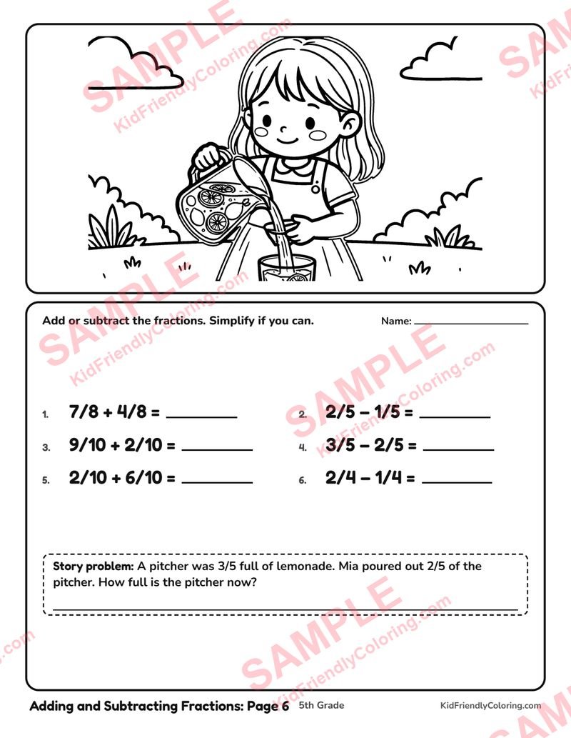 Adding and Subtracting Fractions: Page 6 coloring page preview