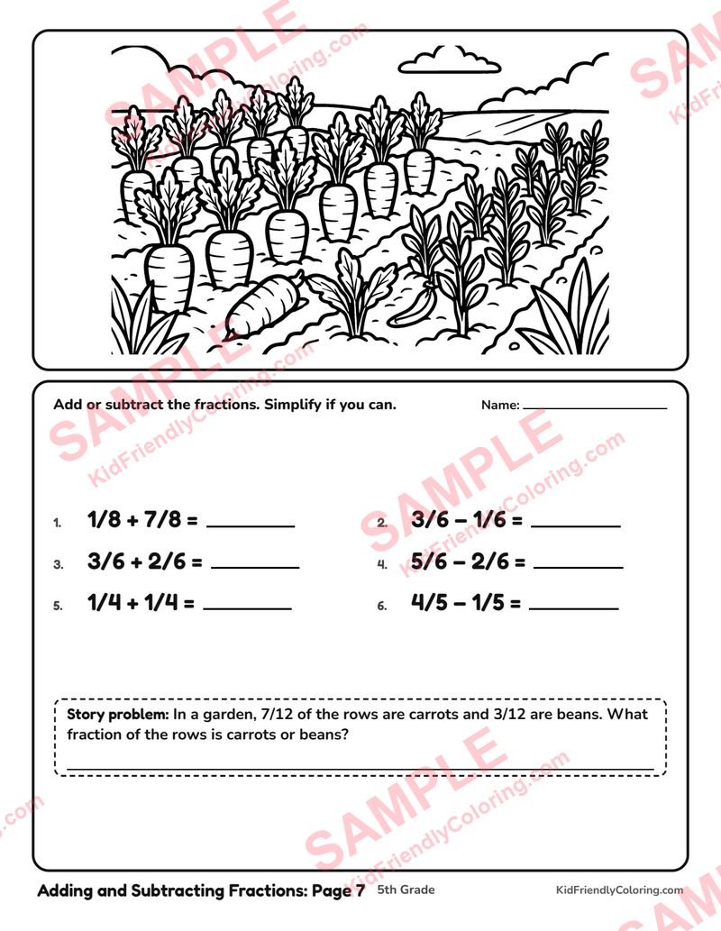 Adding and Subtracting Fractions: Page 7 coloring page preview
