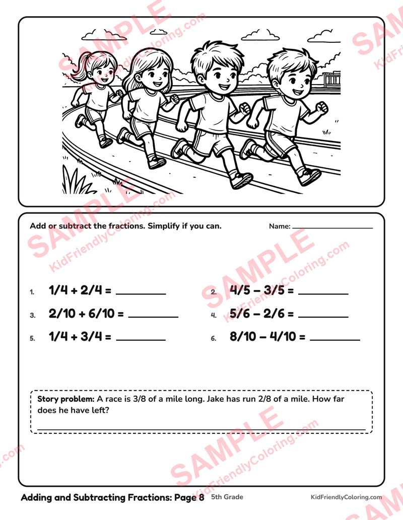 Adding and Subtracting Fractions: Page 8 coloring page preview