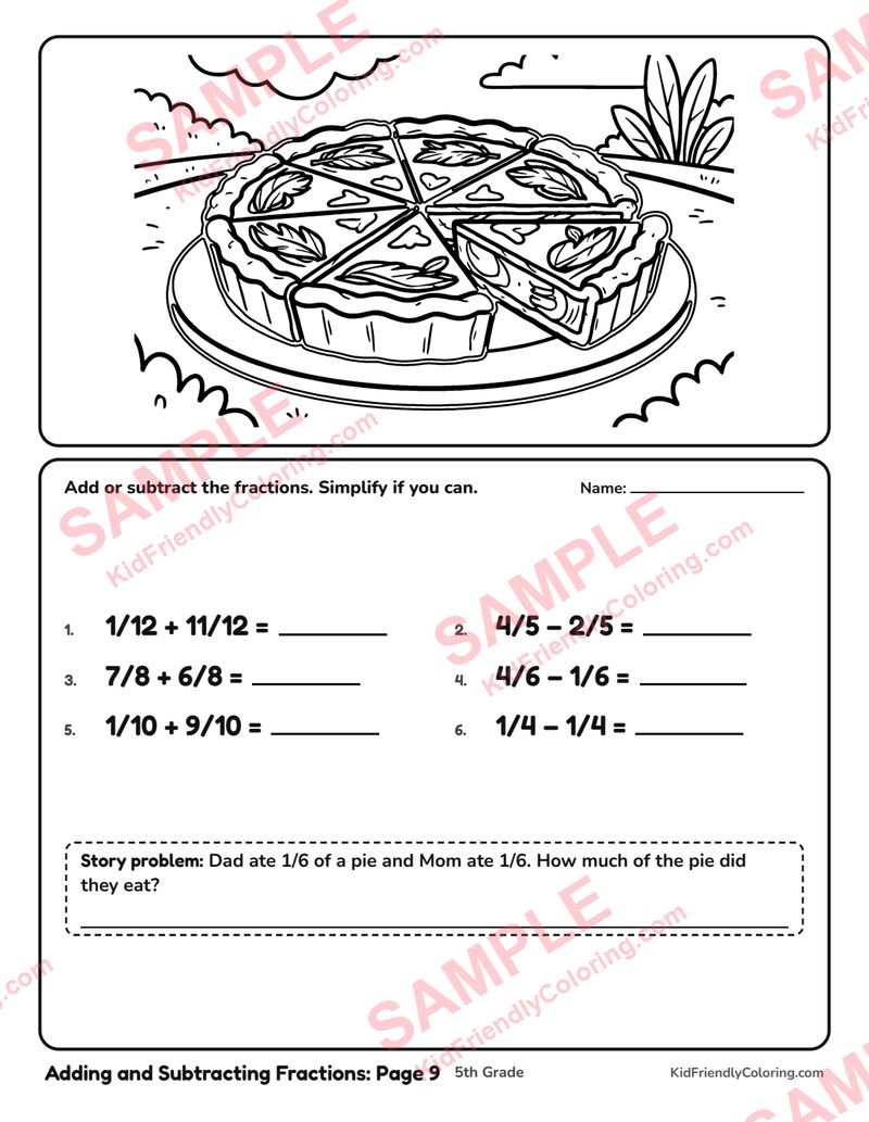 Adding and Subtracting Fractions: Page 9 coloring page preview