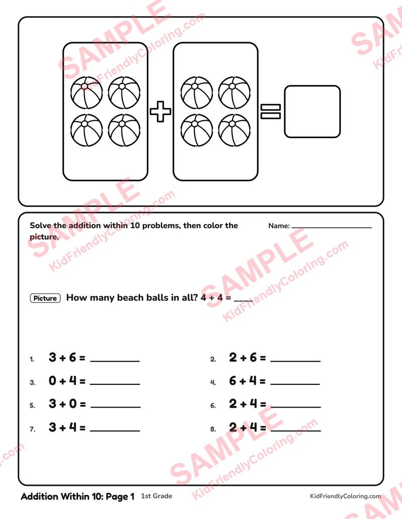 Addition Within 10: Page 1 coloring page preview