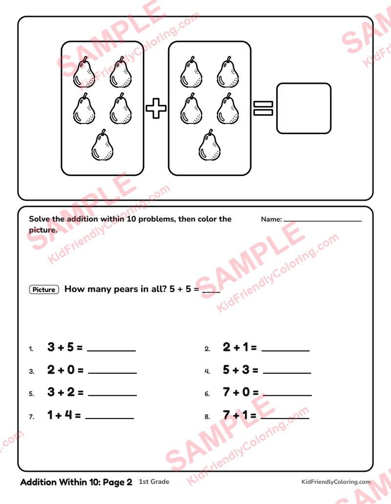 Addition Within 10: Page 2 coloring page preview