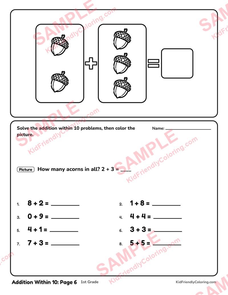 Addition Within 10: Page 6 coloring page preview