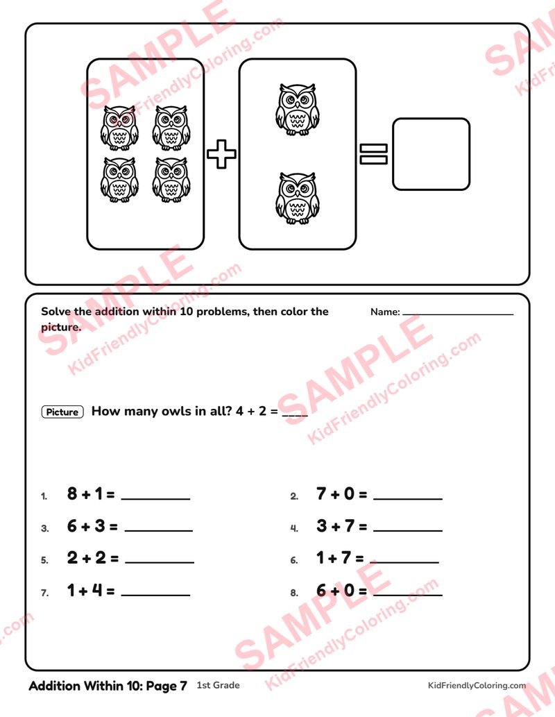 Addition Within 10: Page 7 coloring page preview