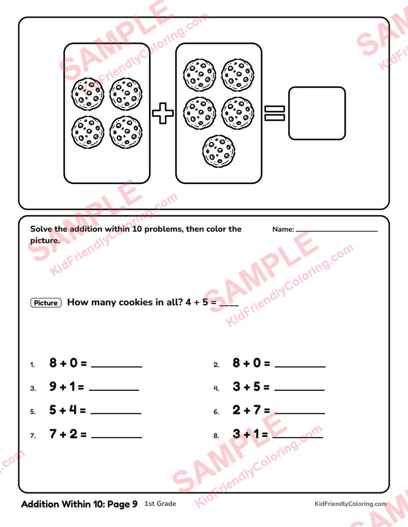Addition Within 10: Page 9 coloring page preview