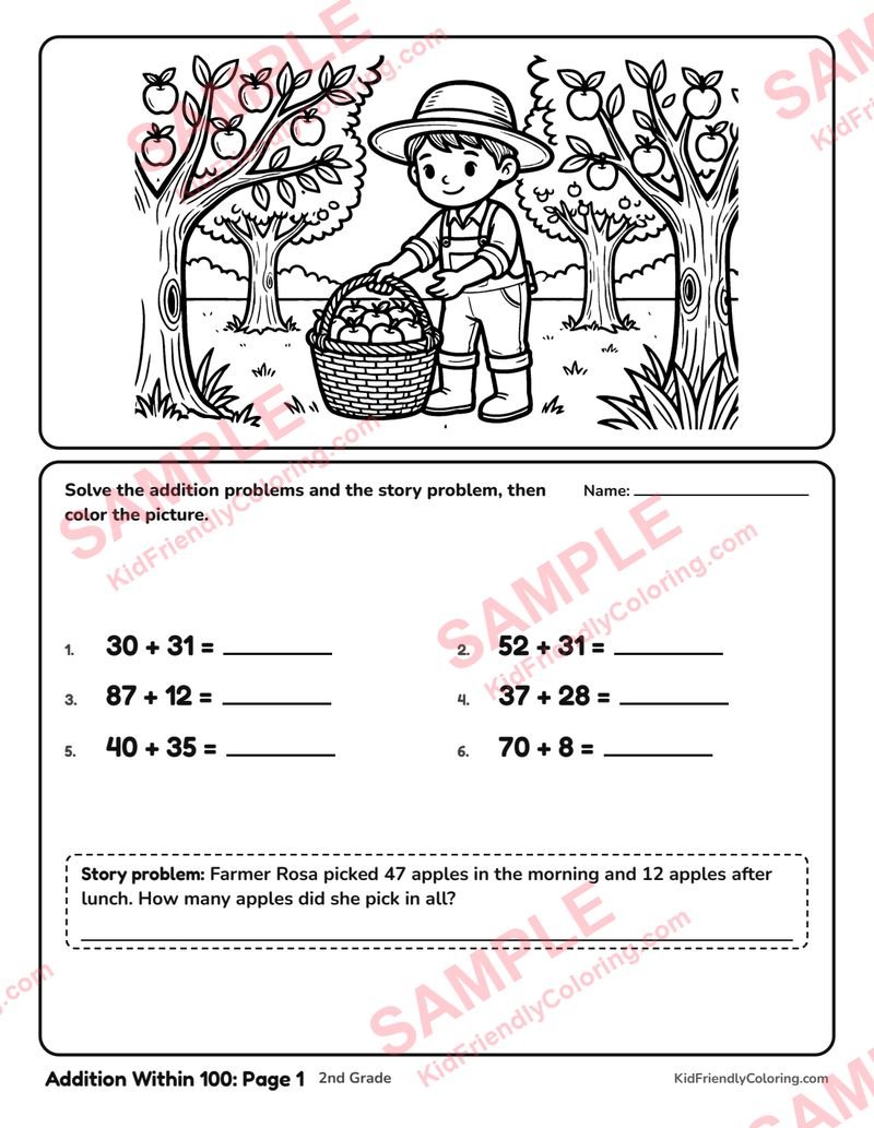 Addition Within 100: Page 1 coloring page preview