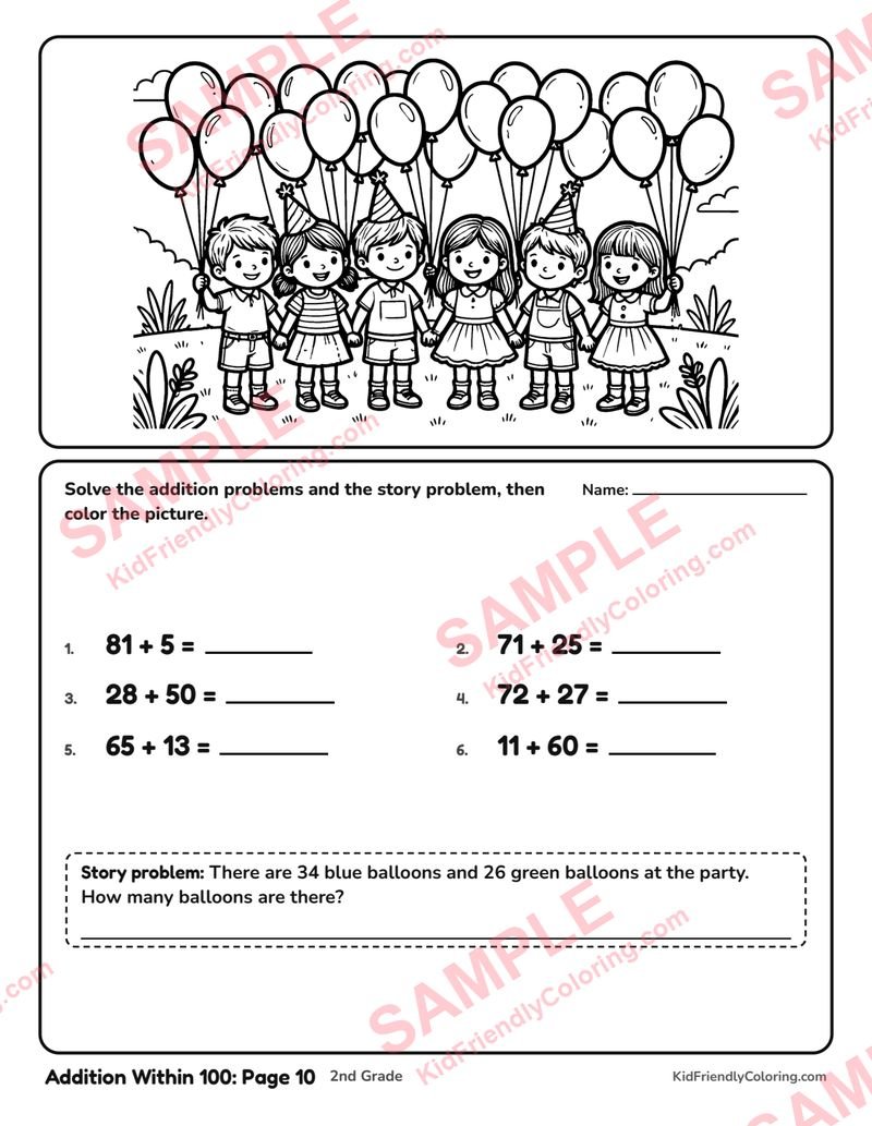 Addition Within 100: Page 10 coloring page preview