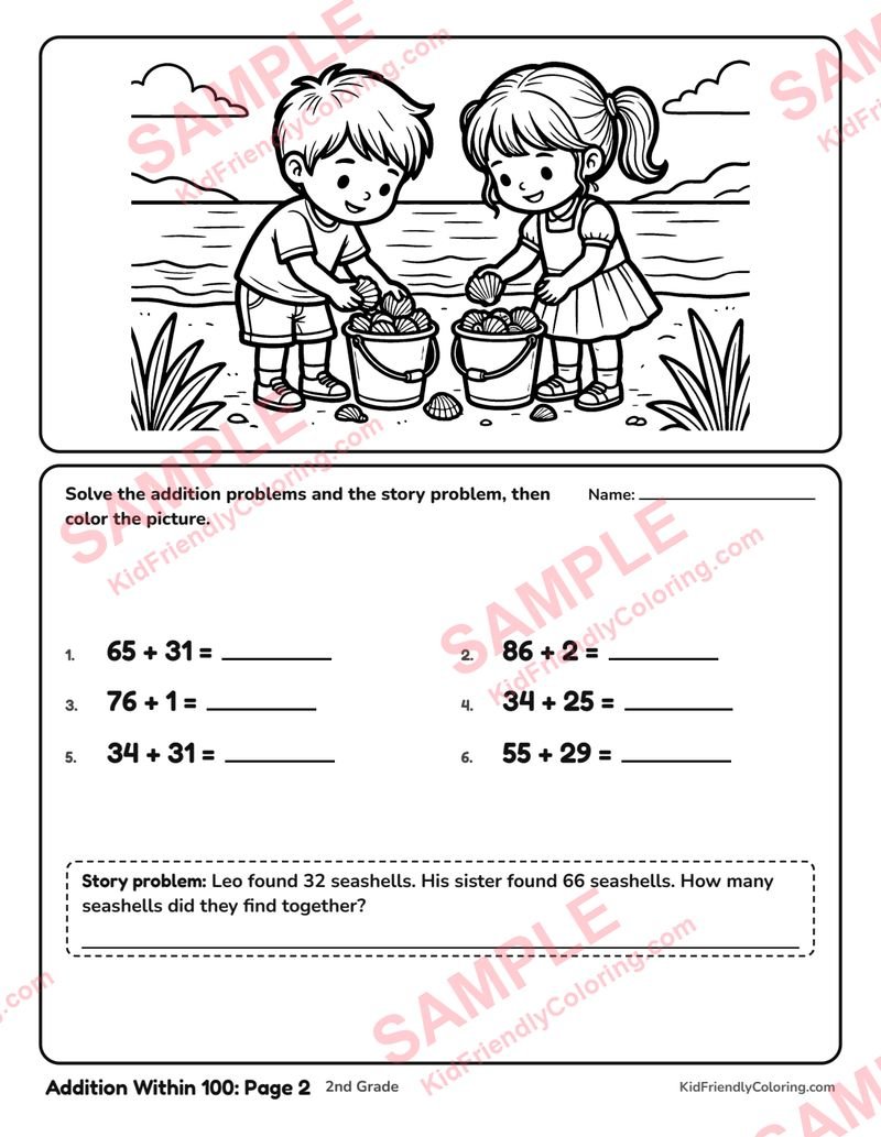 Addition Within 100: Page 2 coloring page preview