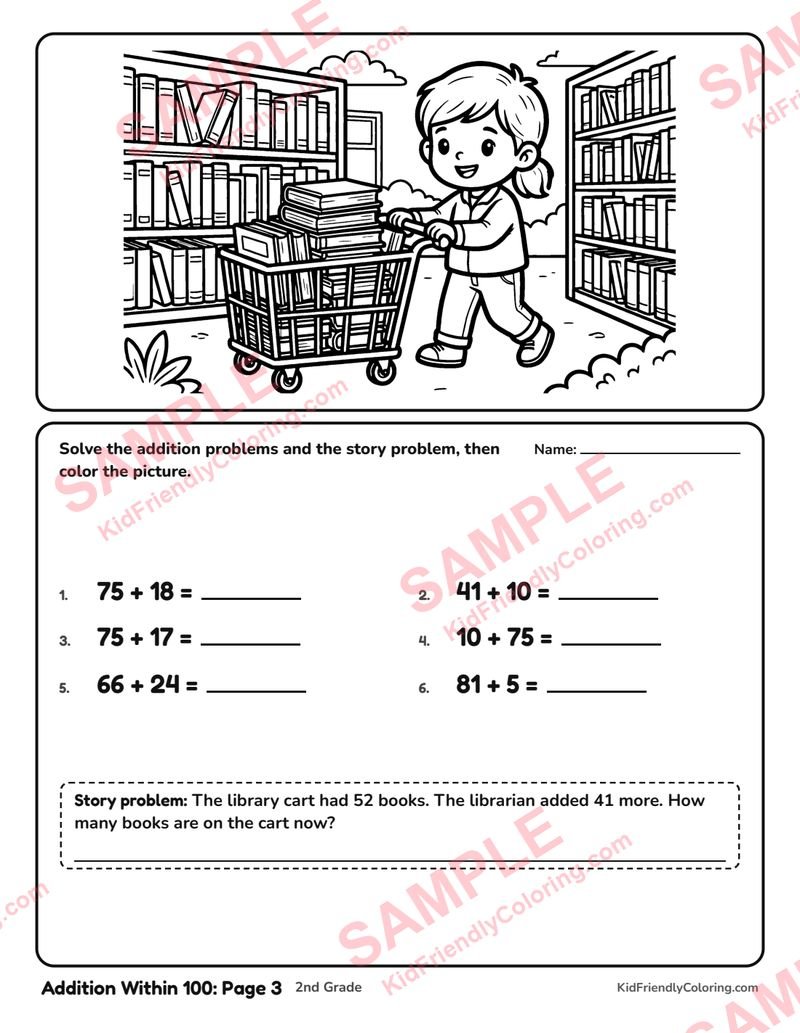 Addition Within 100: Page 3 coloring page preview