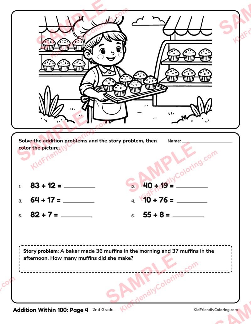 Addition Within 100: Page 4 coloring page preview