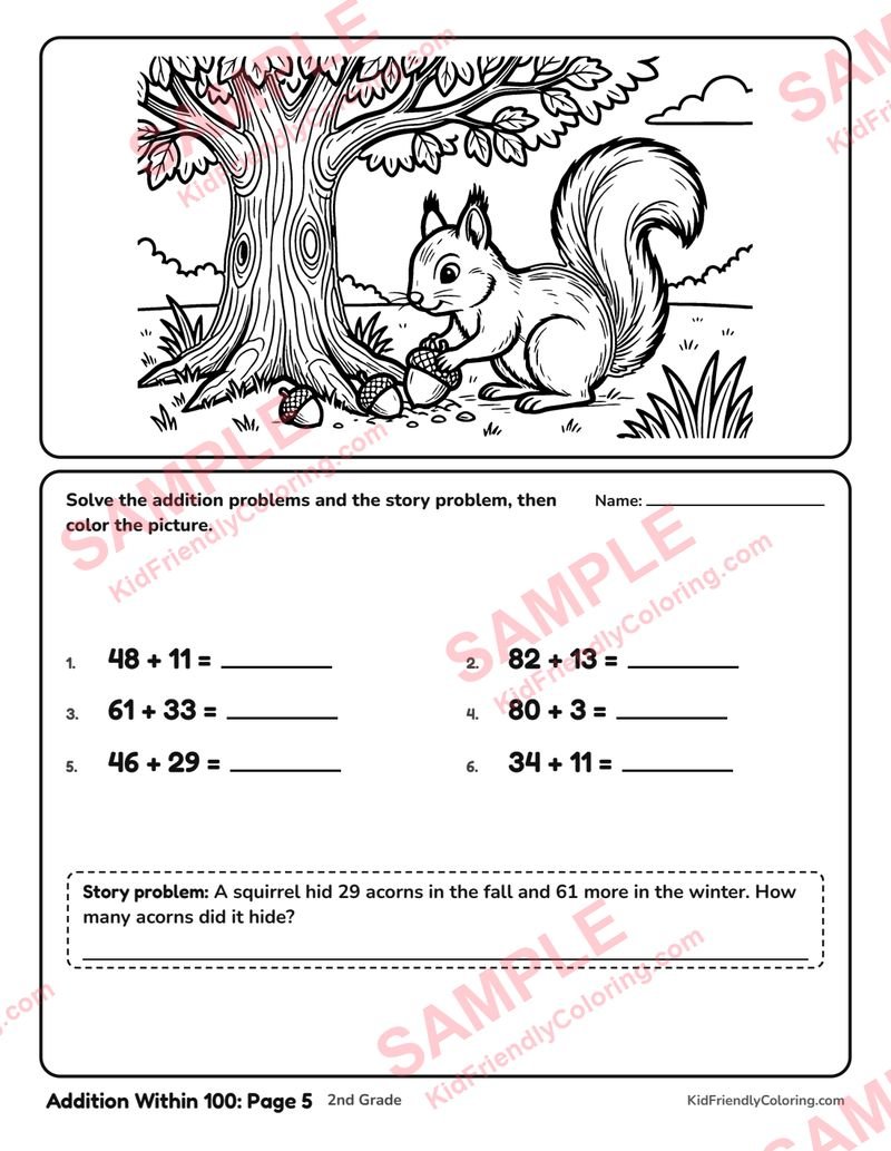 Addition Within 100: Page 5 coloring page preview
