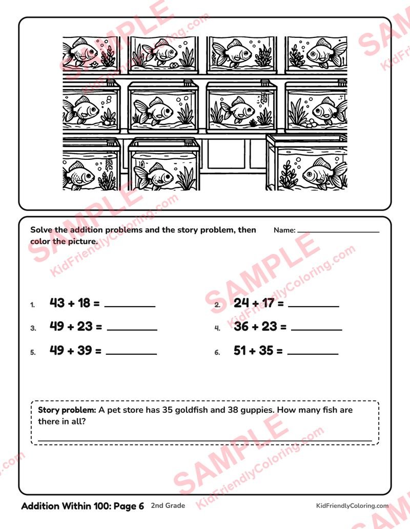 Addition Within 100: Page 6 coloring page preview