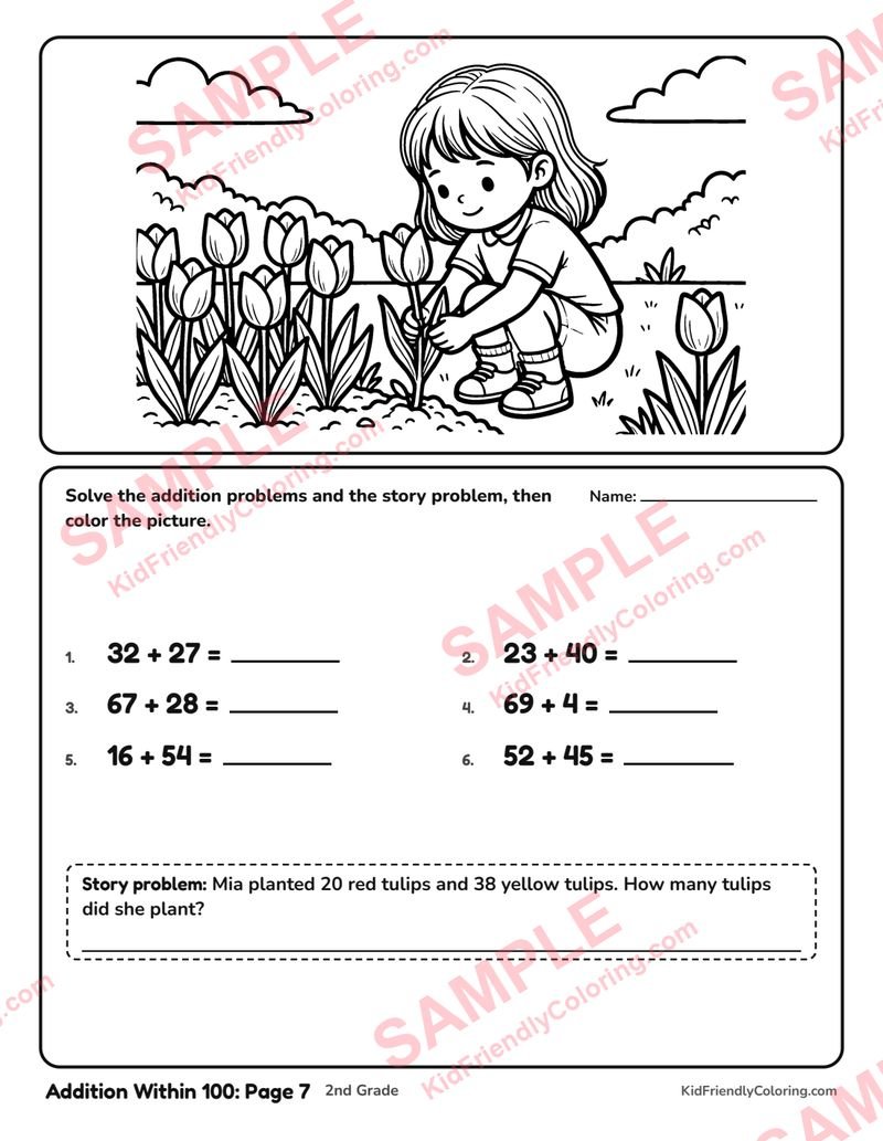 Addition Within 100: Page 7 coloring page preview