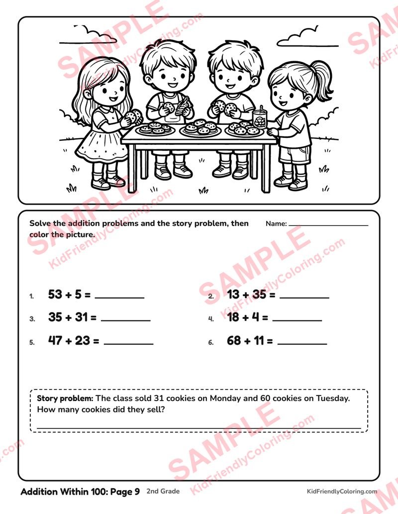 Addition Within 100: Page 9 coloring page preview