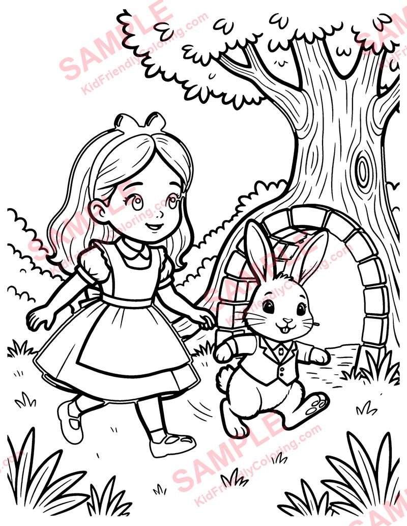 Alice and the White Rabbit coloring page preview