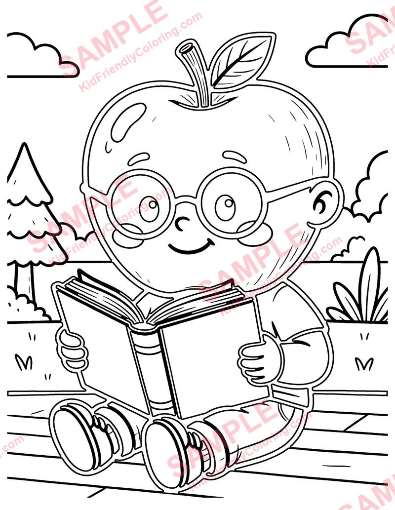 Apple Reading a Book coloring page preview