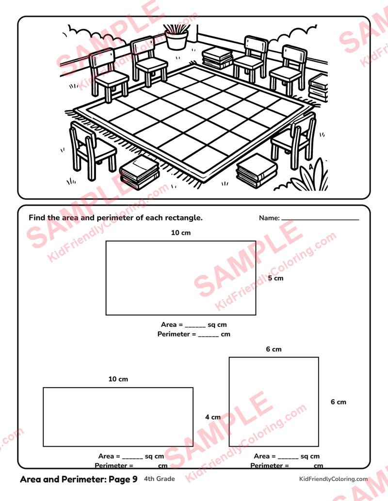 Area and Perimeter: Page 9 coloring page preview