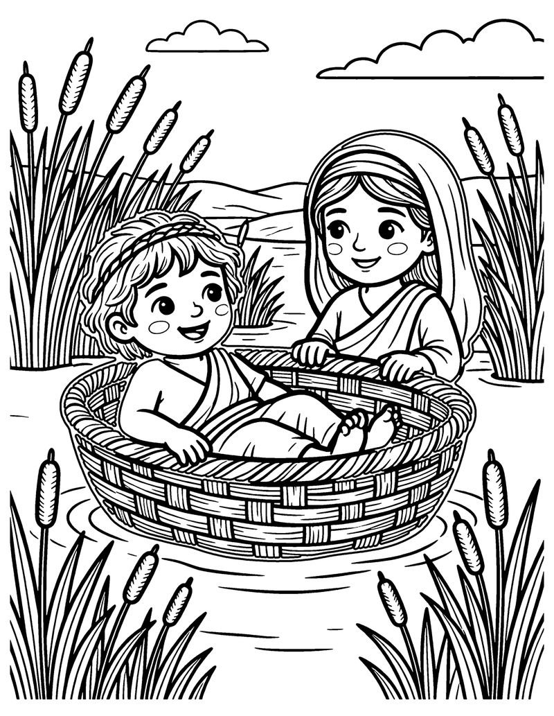 Baby Moses in the Basket coloring page preview