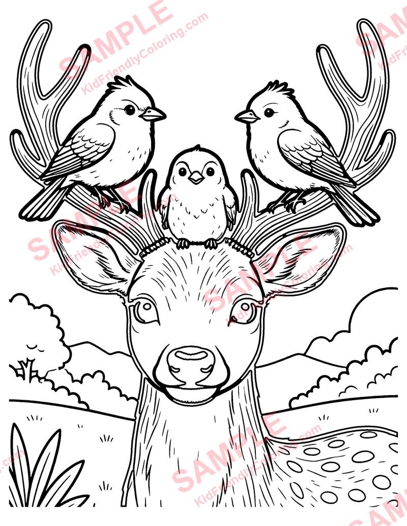 Birds on the Antlers coloring page preview