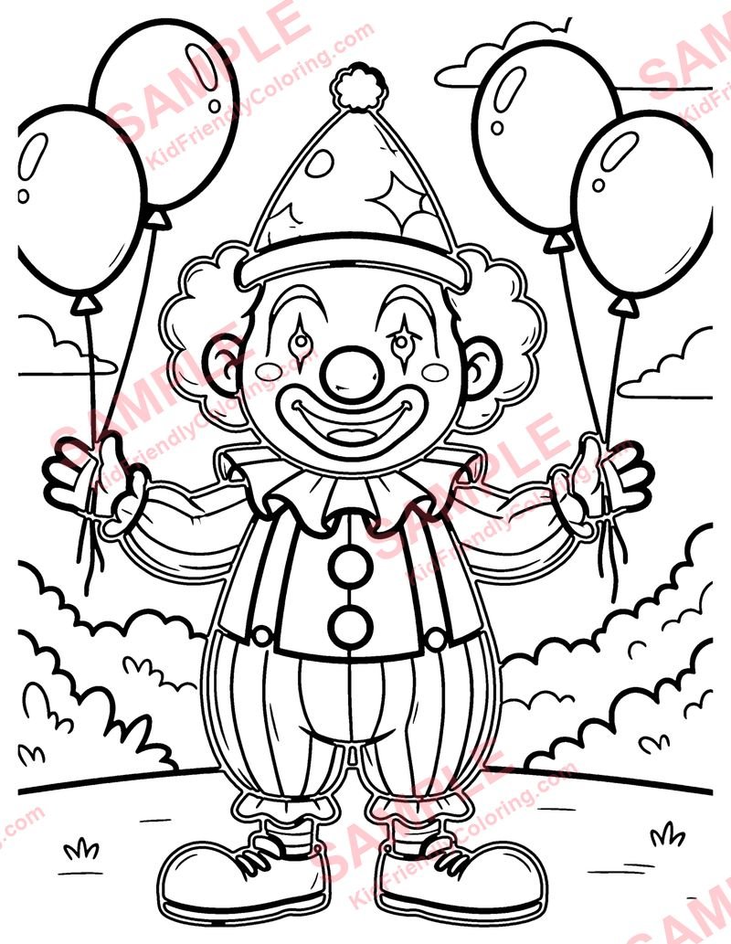 Clown with Balloons coloring page preview