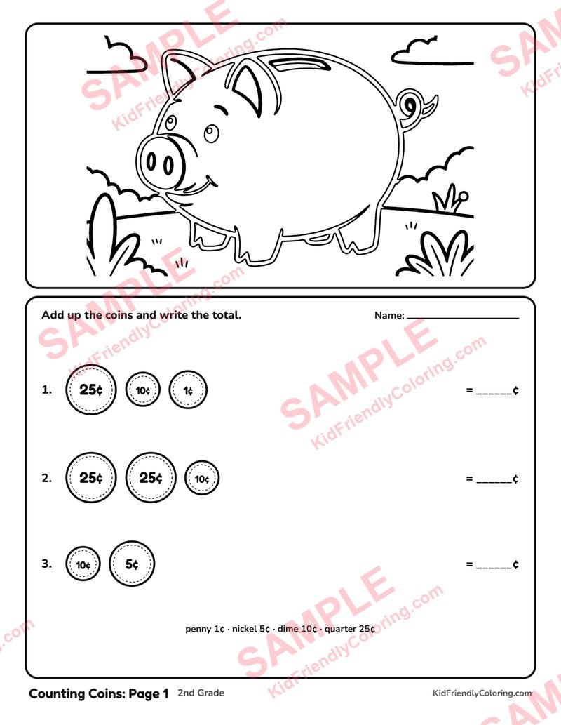 Counting Coins: Page 1 coloring page preview