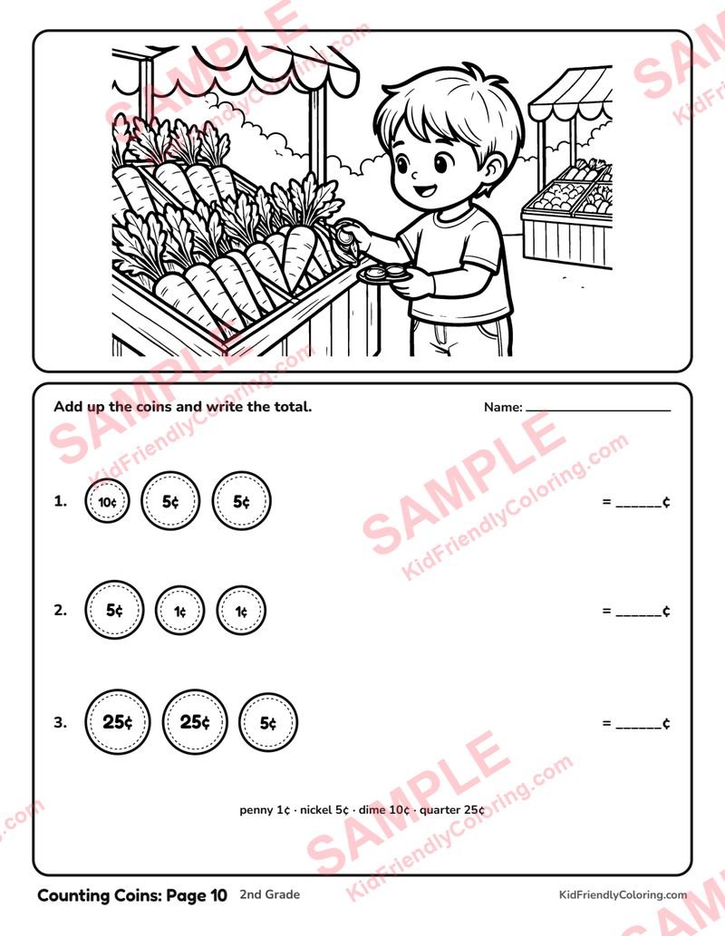 Counting Coins: Page 10 coloring page preview