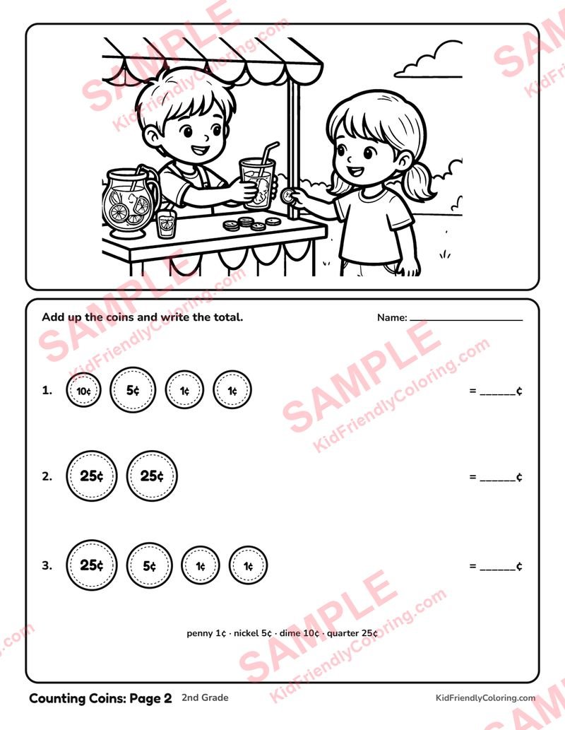 Counting Coins: Page 2 coloring page preview