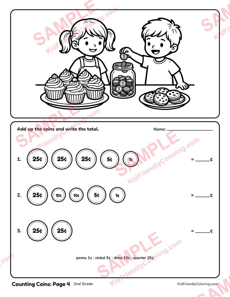 Counting Coins: Page 4 coloring page preview