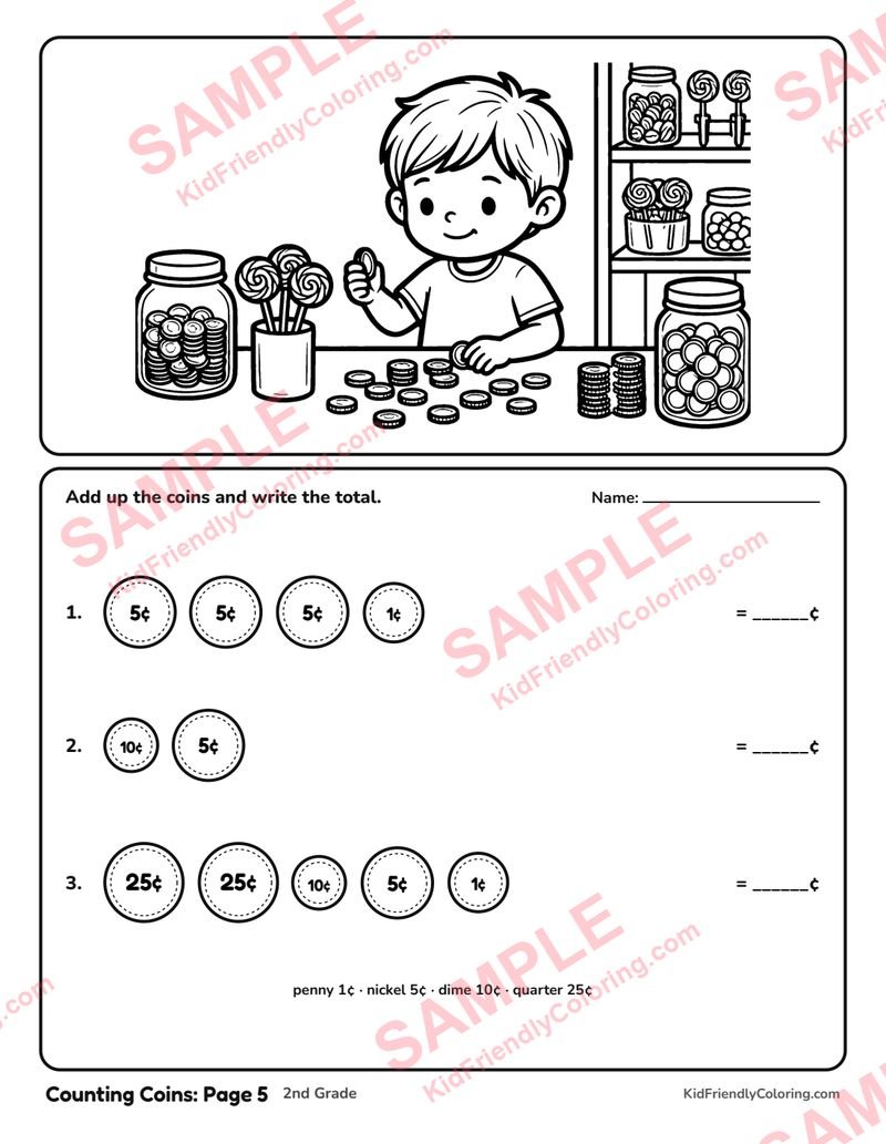 Counting Coins: Page 5 coloring page preview