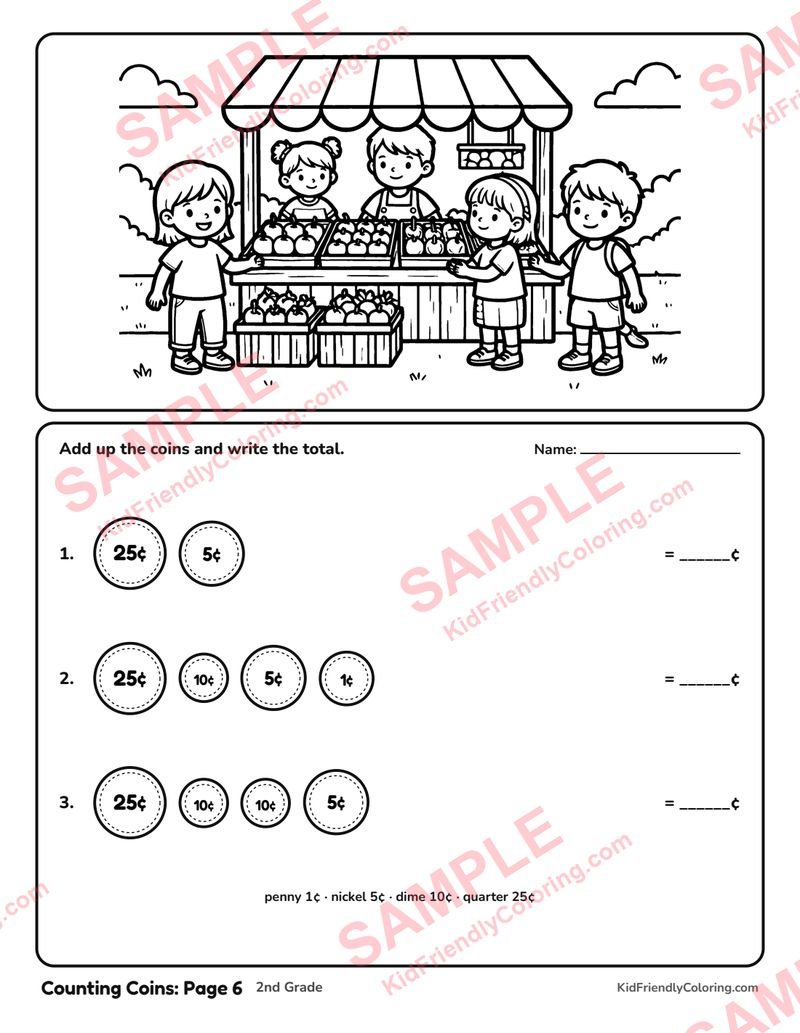 Counting Coins: Page 6 coloring page preview