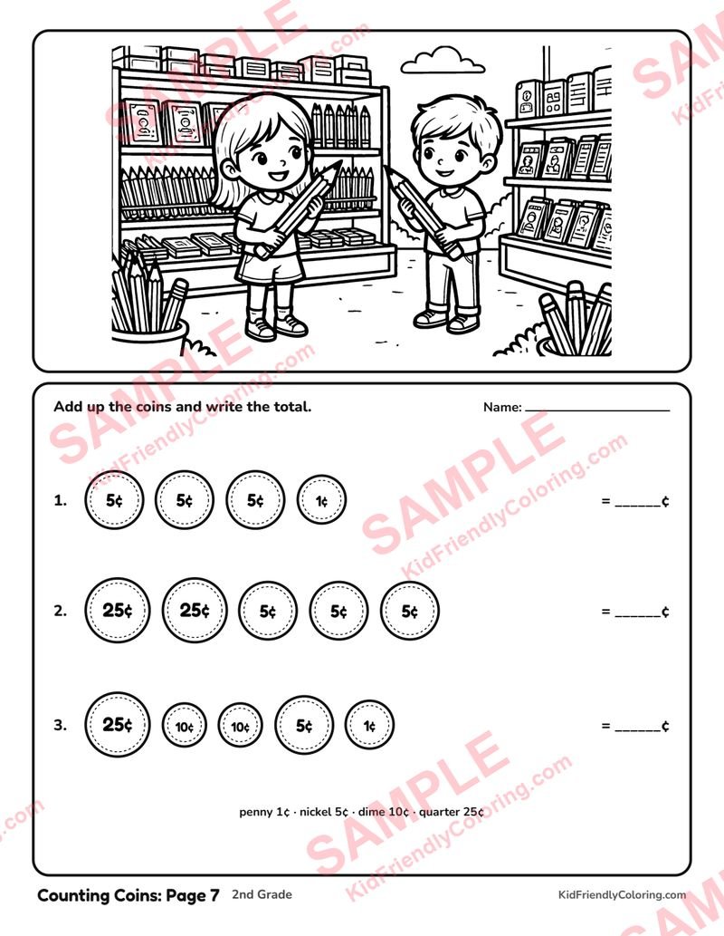 Counting Coins: Page 7 coloring page preview