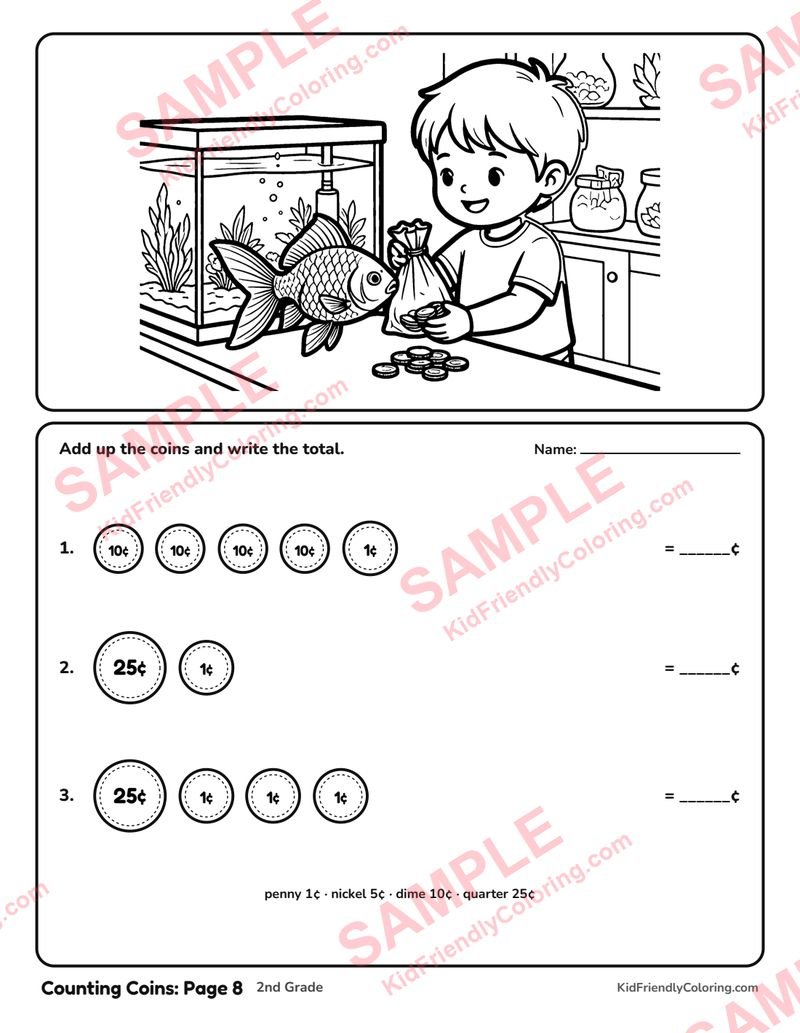 Counting Coins: Page 8 coloring page preview