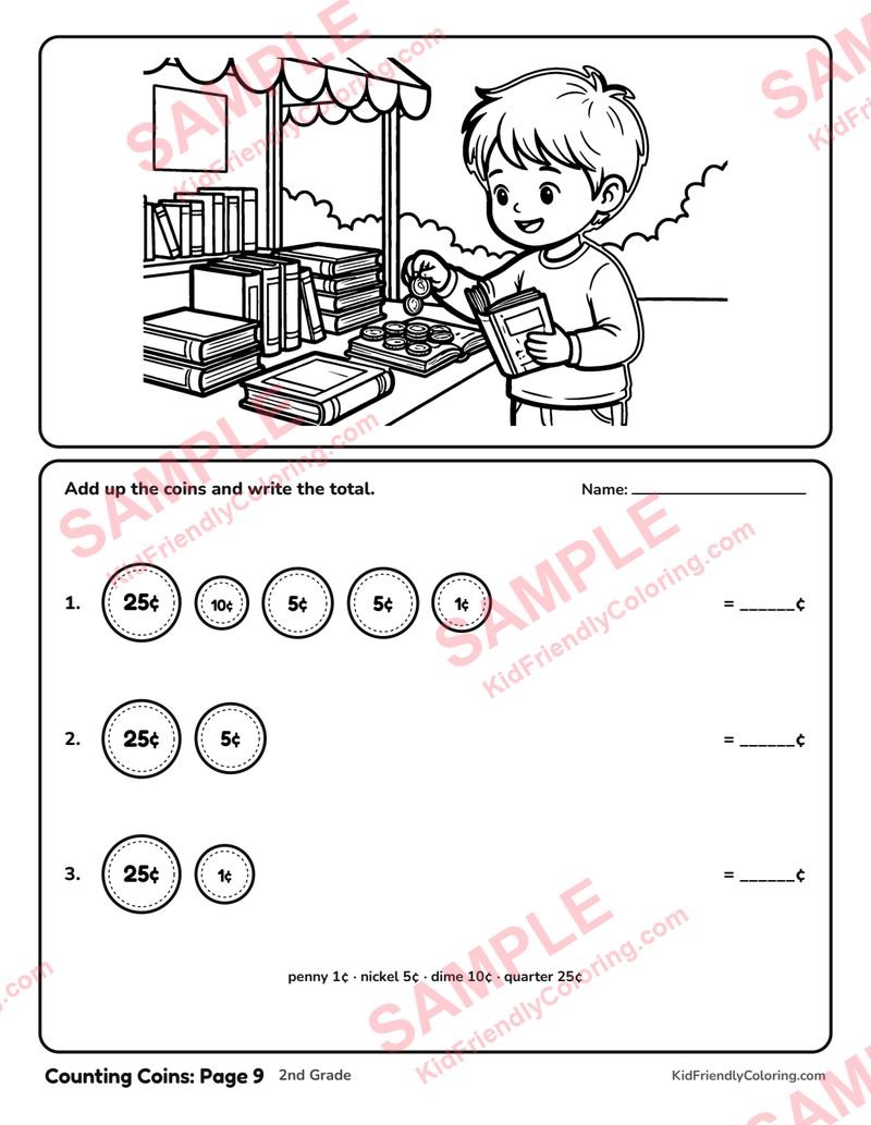 Counting Coins: Page 9 coloring page preview